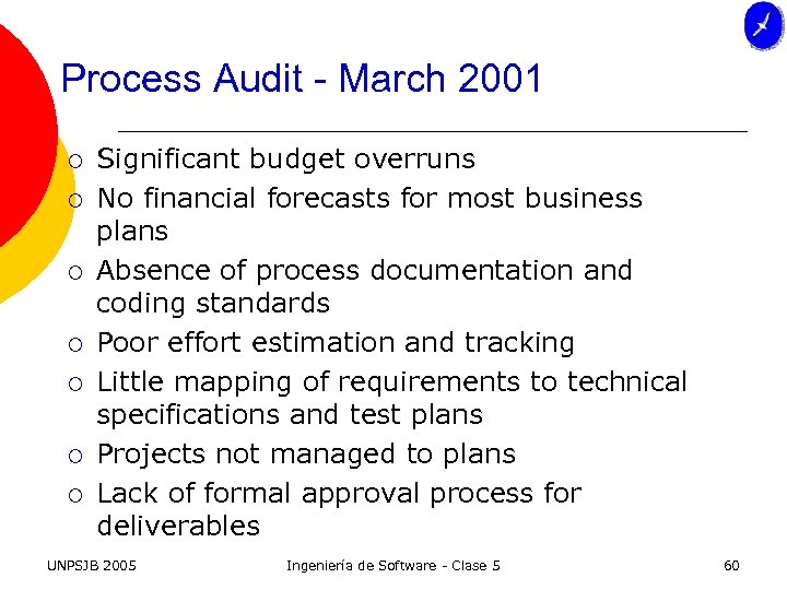 Process Audit - March 2001 ¡ ¡ ¡ ¡ Significant budget overruns No financial