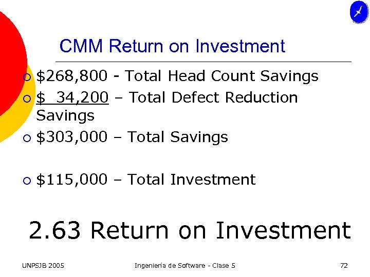 CMM Return on Investment $268, 800 - Total Head Count Savings ¡ $ 34,