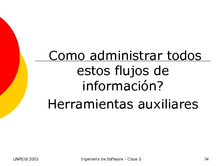 Como administrar todos estos flujos de información? Herramientas auxiliares UNPSJB 2005 Ingeniería de Software