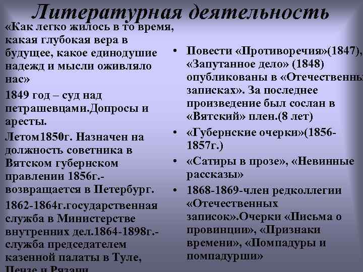 Литературная деятельность «Как легко жилось в то время, какая глубокая вера в будущее, какое