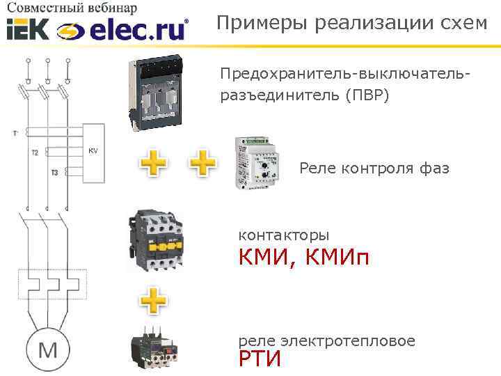 Примеры реализации схем Предохранитель-выключательразъединитель (ПВР) Реле контроля фаз контакторы КМИ, КМИп реле электротепловое РТИ