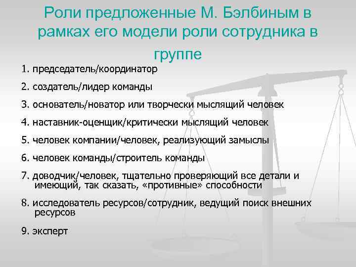 Роли предложенные М. Бэлбиным в рамках его модели роли сотрудника в группе 1. председатель/координатор