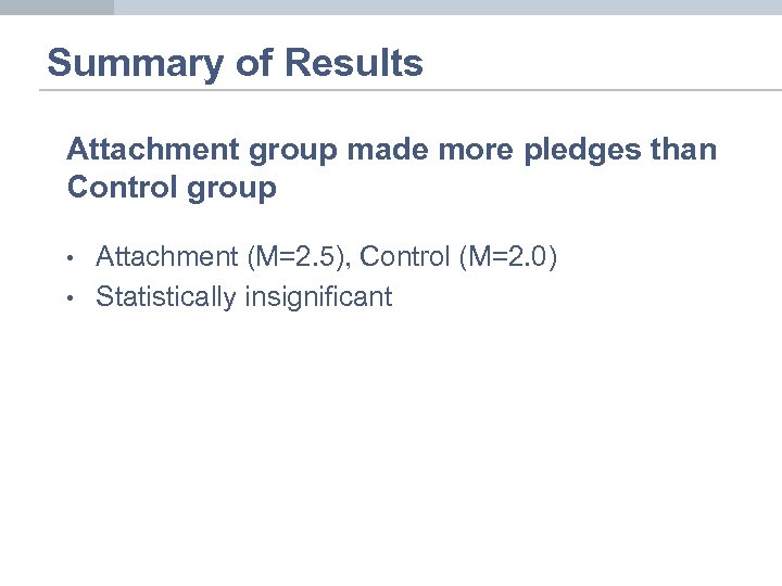 Summary of Results Attachment group made more pledges than Control group • • Attachment