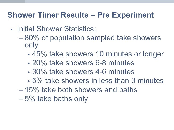 Shower Timer Results – Pre Experiment • Initial Shower Statistics: – 80% of population