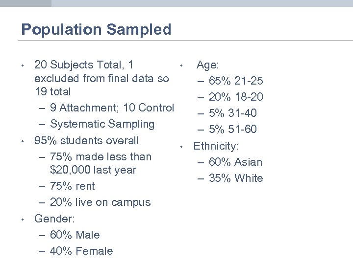 Population Sampled • • • 20 Subjects Total, 1 excluded from final data so