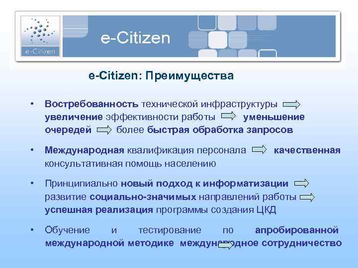 e-Citizen: Преимущества • Востребованность технической инфраструктуры увеличение эффективности работы уменьшение очередей более быстрая обработка