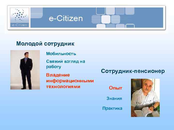 Молодой сотрудник Мобильность Свежий взгляд на работу Владение информационными технологиями Сотрудник-пенсионер Опыт Знания Практика
