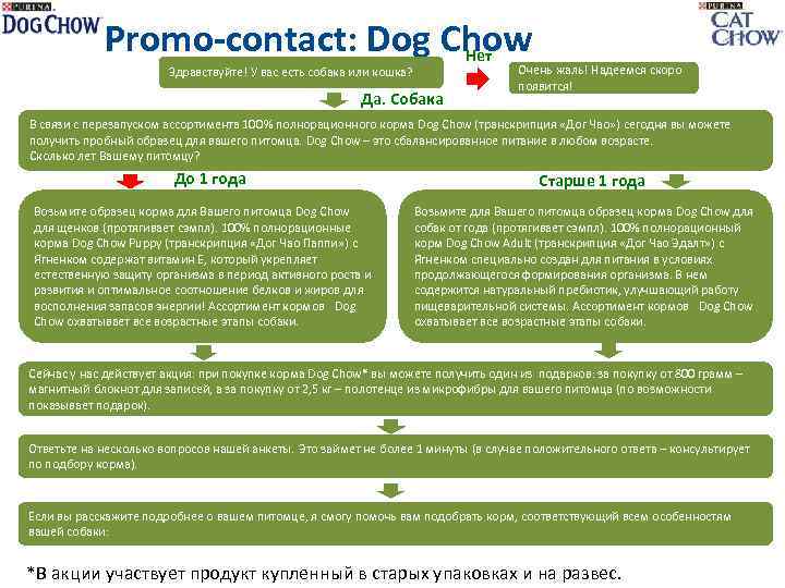 Promo-contact: Dog Chow Нет Здравствуйте! У вас есть собака или кошка? Да. Собака Очень