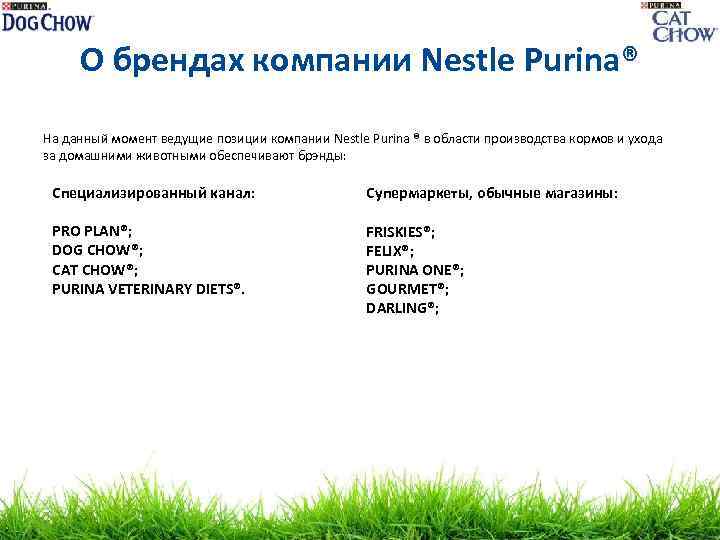 О брендах компании Nestle Purina® На данный момент ведущие позиции компании Nestle Purina ®