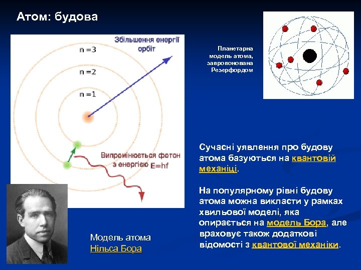 Атом: будова Планетарна модель атома, запропонована Резерфордом Сучасні уявлення про будову атома базуються на