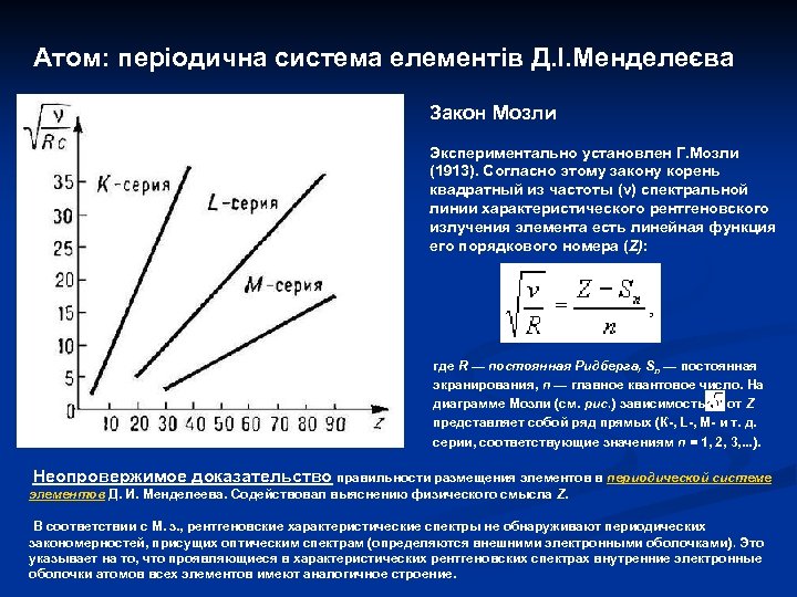 Атом: періодична система елементів Д. І. Менделеєва Закон Мозли Экспериментально установлен Г. Мозли (1913).