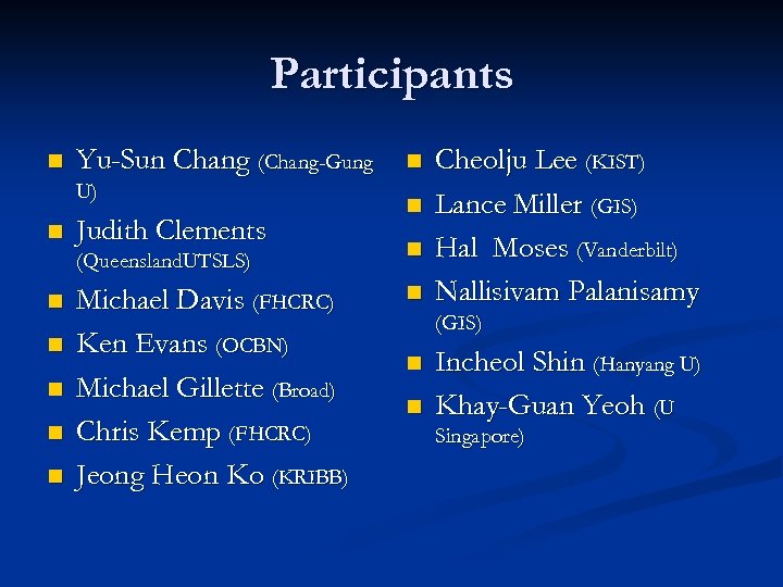 Participants n Yu-Sun Chang (Chang-Gung U) n Judith Clements (Queensland. UTSLS) n n n