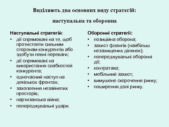 Виділяють два основних виду стратегій: наступальна та оборонна Наступальні стратегій: • дії спрямовані на