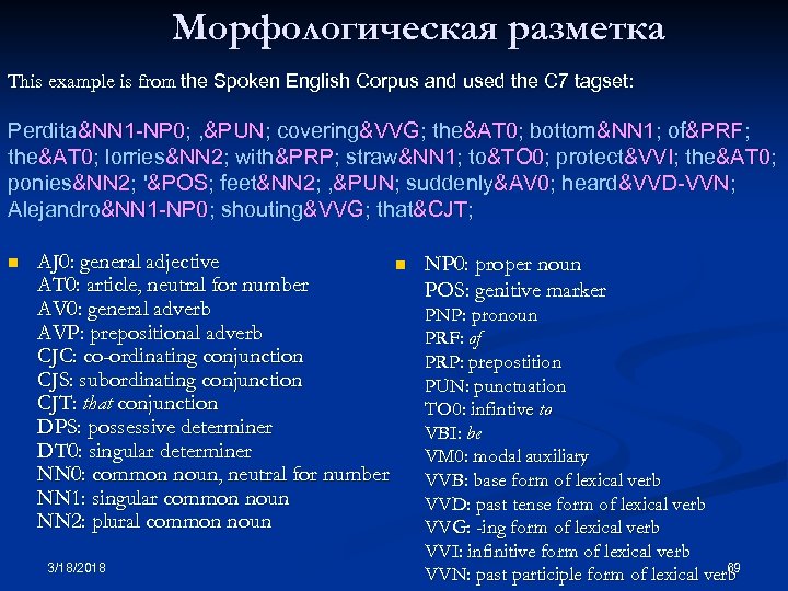 Морфологическая разметка This example is from the Spoken English Corpus and used the C