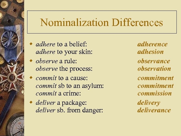 Nominalization Differences w adhere to a belief: adhere to your skin: w observe a