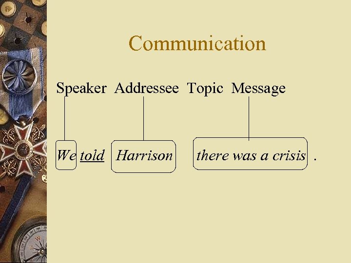 Communication Speaker Addressee Topic Message We told Harrison there was a crisis. 