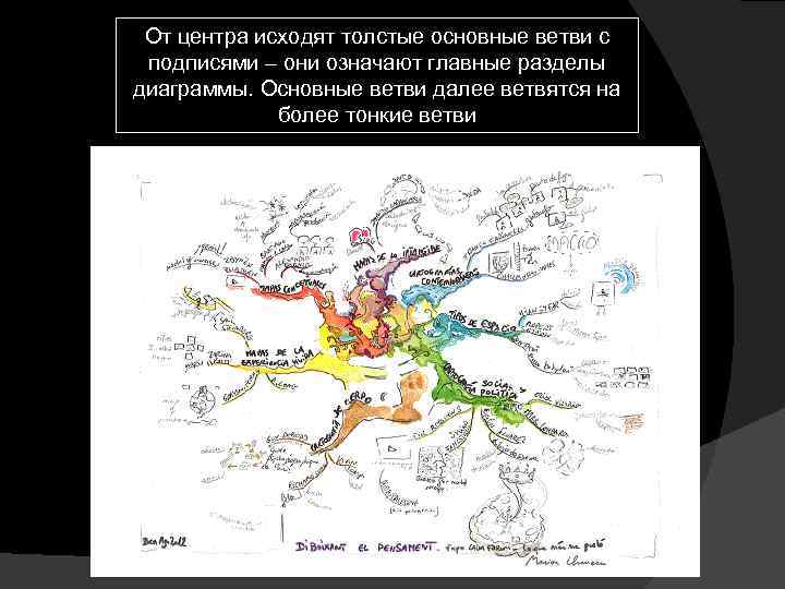 От центра исходят толстые основные ветви с подписями – они означают главные разделы диаграммы.