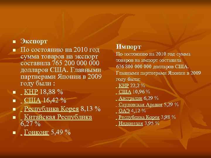 n n n n Экспорт По состоянию на 2010 год сумма товаров на экспорт
