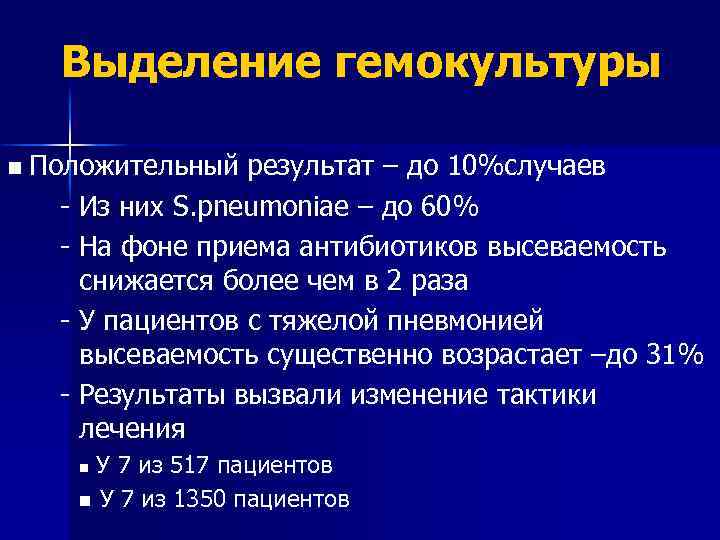 Выделение гемокультуры n Положительный результат – до 10%случаев - Из них S. pneumoniae –