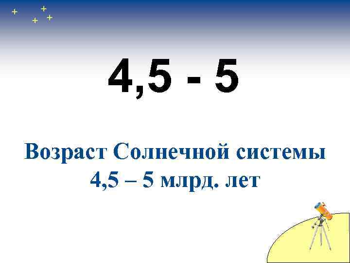 4, 5 - 5 Возраст Солнечной системы 4, 5 – 5 млрд. лет 