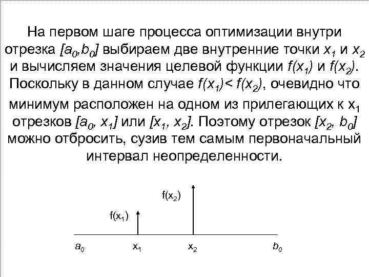 На первом шаге процесса оптимизации внутри отрезка [a 0, b 0] выбираем две внутренние