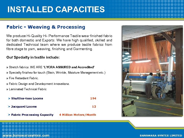  INSTALLED CAPACITIES Fabric - Weaving & Processing We produce Hi-Quality Hi- Performance Textile
