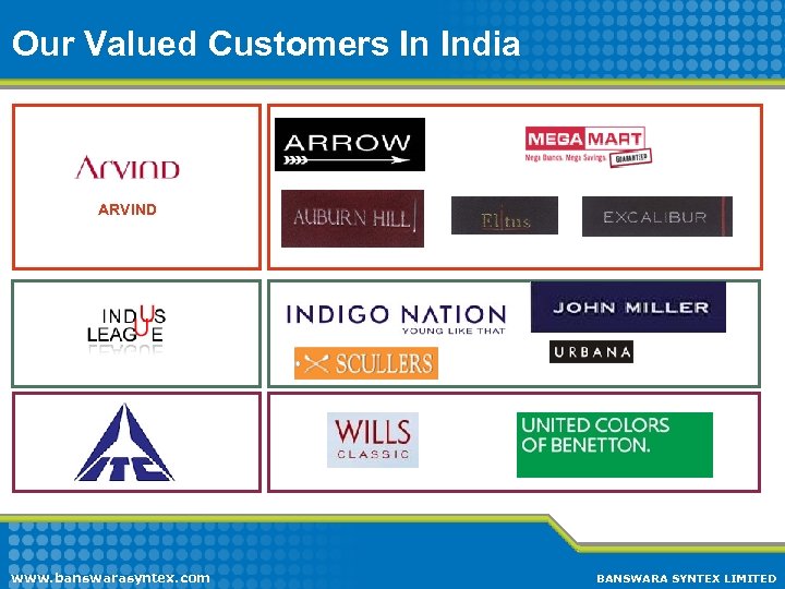 Our Valued Customers In India ARVIND www. banswarasyntex. com BANSWARA SYNTEX LIMITED 