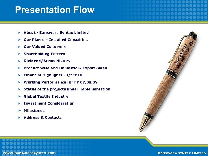  Presentation Flow About - Banswara Syntex Limited Our Plants – Installed Capacities Our