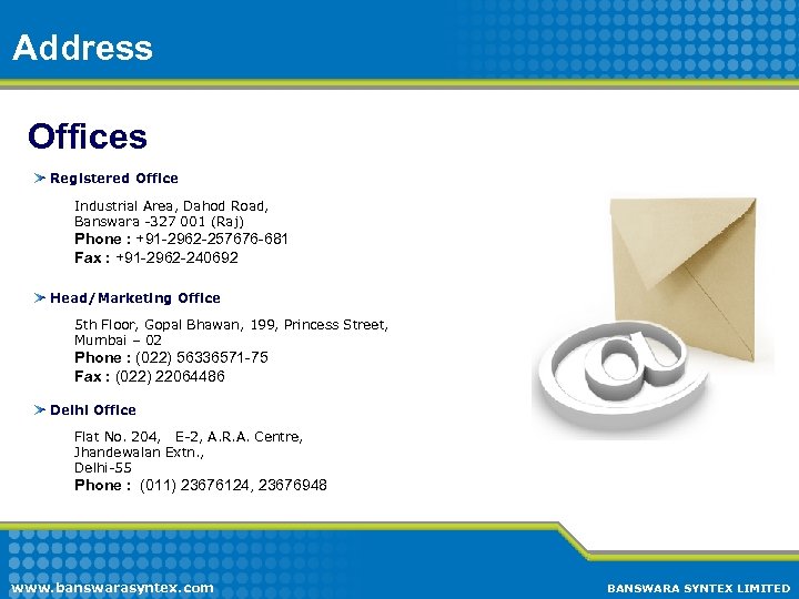 Address Offices Registered Office Industrial Area, Dahod Road, Banswara -327 001 (Raj) Phone :