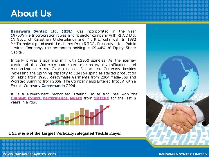 Presentation Flow About Us Banswara Syntex Ltd. (BSL) was incorporated in the year 1976.