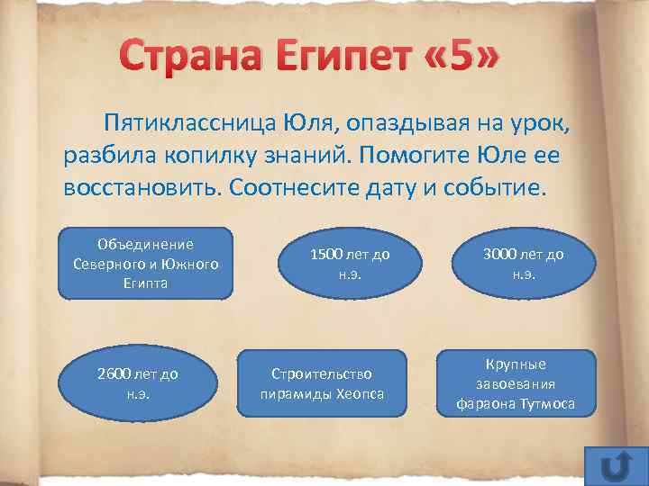 Страна Египет « 5» Пятиклассница Юля, опаздывая на урок, разбила копилку знаний. Помогите Юле