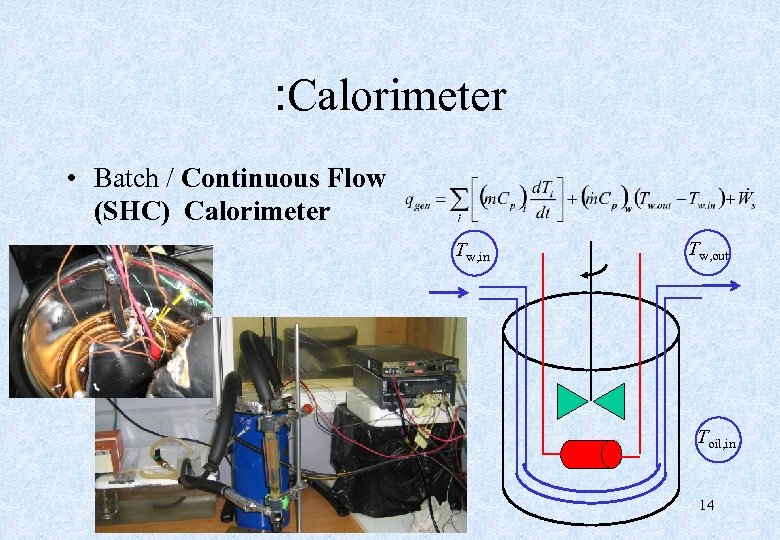 : Calorimeter • Batch / Continuous Flow (SHC) Calorimeter Tw, in Tw, out Toil,