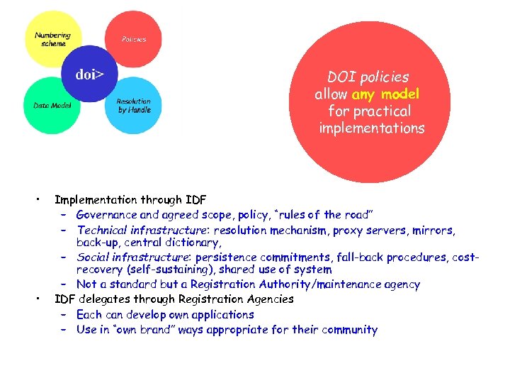 DOI policies allow any model for practical implementations • • Implementation through IDF –