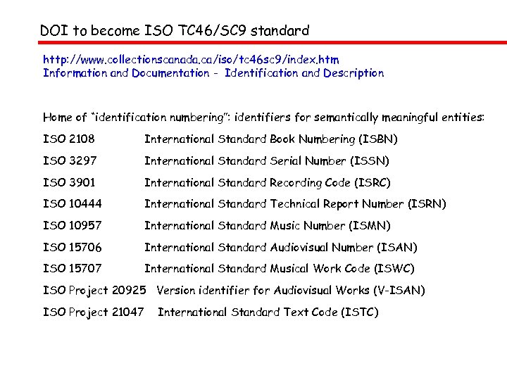 DOI to become ISO TC 46/SC 9 standard http: //www. collectionscanada. ca/iso/tc 46 sc