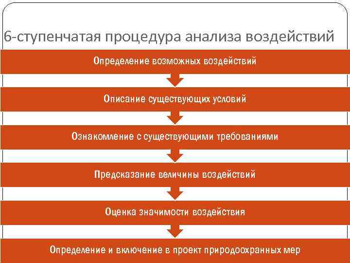 6 -ступенчатая процедура анализа воздействий Определение возможных воздействий Описание существующих условий Ознакомление с существующими