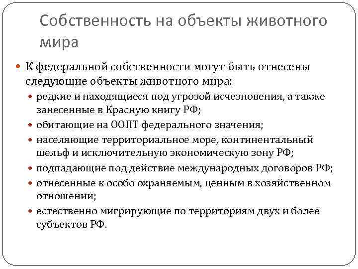 Собственность на объекты животного мира К федеральной собственности могут быть отнесены следующие объекты животного
