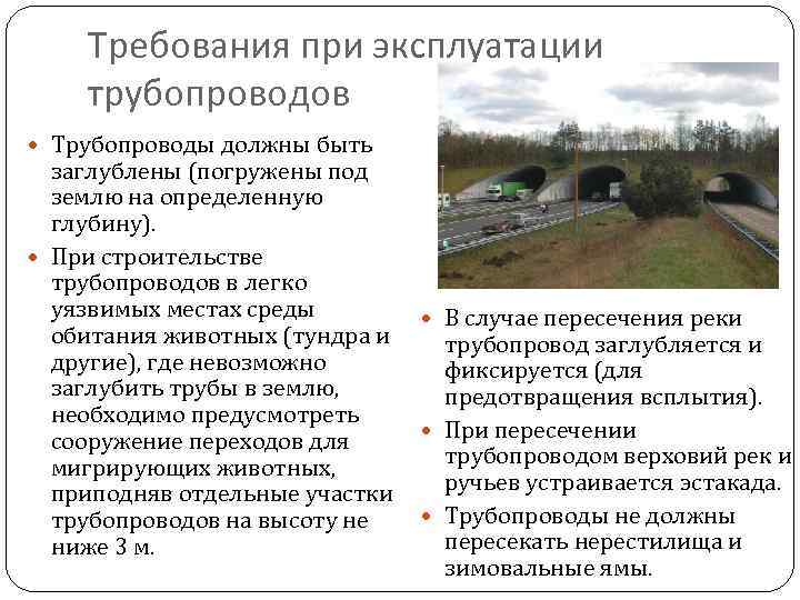 Требования при эксплуатации трубопроводов Трубопроводы должны быть заглублены (погружены под землю на определенную глубину).