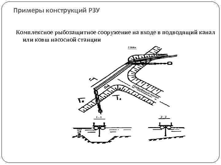 Примеры конструкций РЗУ Комплексное рыбозащитное сооружение на входе в подводящий канал или ковш насосной