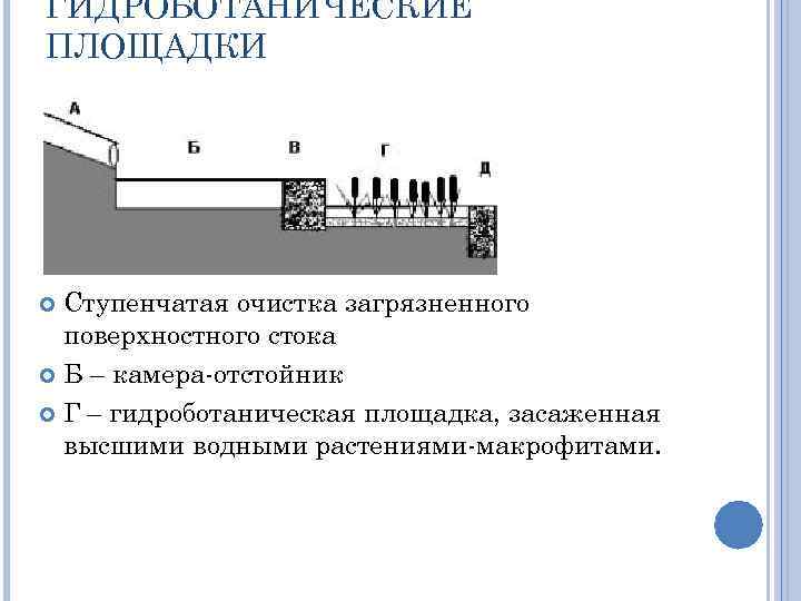 ГИДРОБОТАНИЧЕСКИЕ ПЛОЩАДКИ Ступенчатая очистка загрязненного поверхностного стока Б – камера-отстойник Г – гидроботаническая площадка,