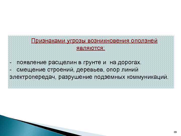 Признаками угрозы возникновения оползней являются: - появление расщелин в грунте и на дорогах. -