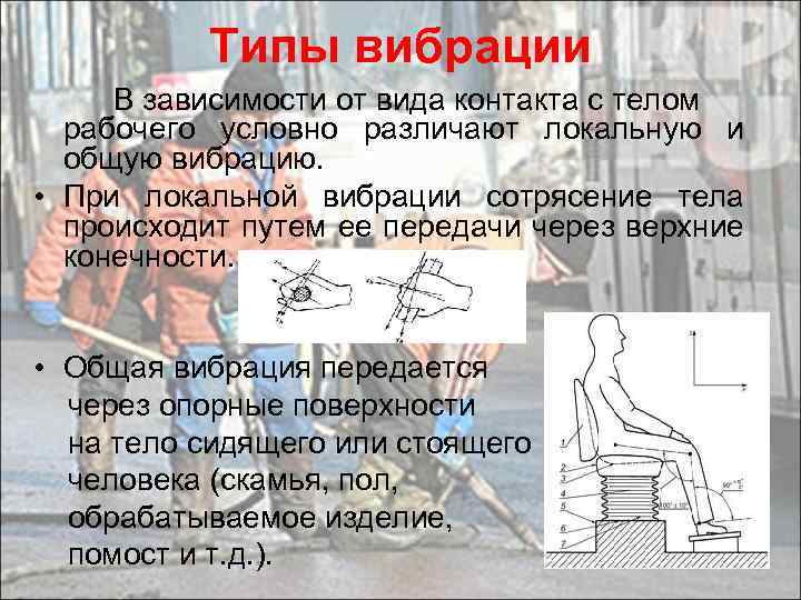 Типы вибрации В зависимости от вида контакта с телом рабочего условно различают локальную и