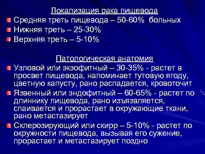 Локализация рака пищевода Средняя треть пищевода – 50 -60% больных Нижняя треть – 25