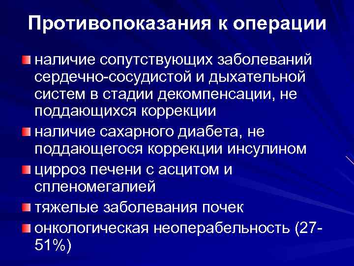Противопоказания к операции наличие сопутствующих заболеваний сердечно-сосудистой и дыхательной систем в стадии декомпенсации, не