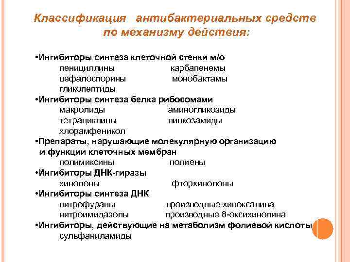 Классификация антибактериальных средств по механизму действия: • Ингибиторы синтеза клеточной стенки м/о пенициллины карбапенемы