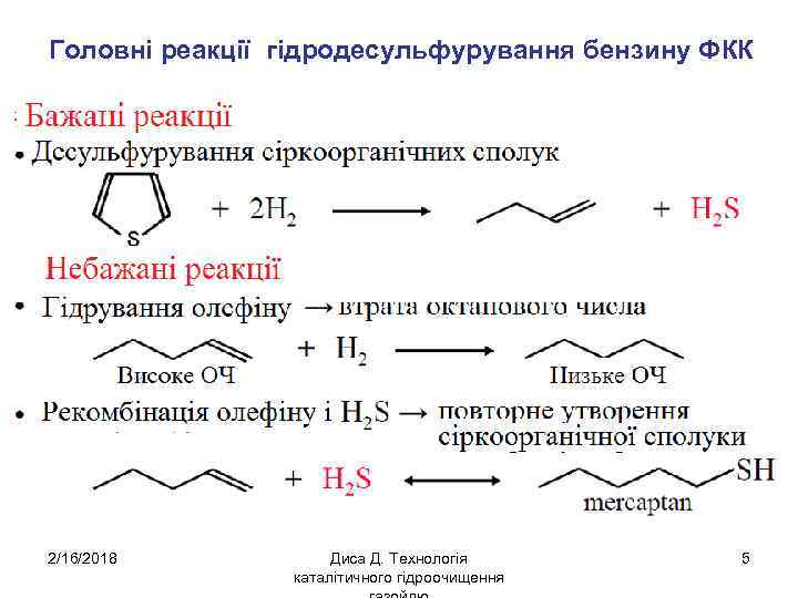 Головні реакції гідродесульфурування бензину ФКК 2/16/2018 Диса Д. Технологія каталітичного гідроочищення 5 