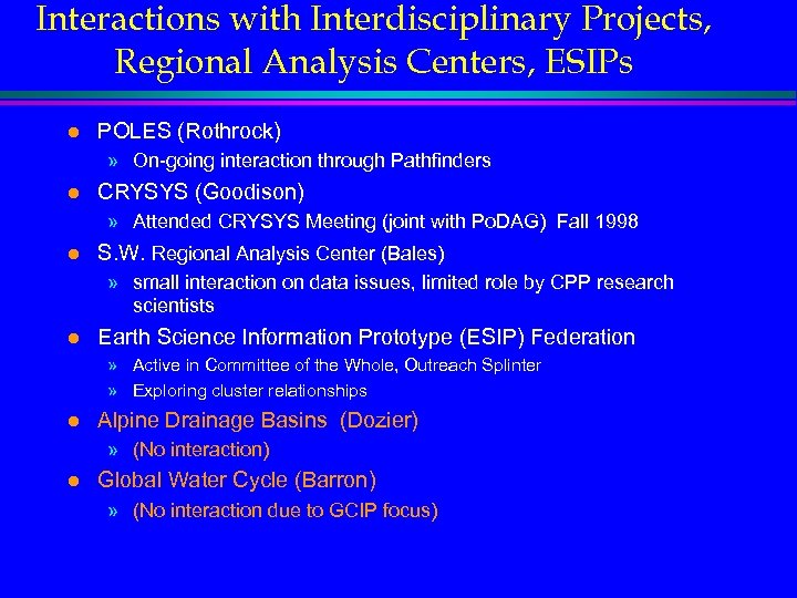 Interactions with Interdisciplinary Projects, Regional Analysis Centers, ESIPs l POLES (Rothrock) » On-going interaction