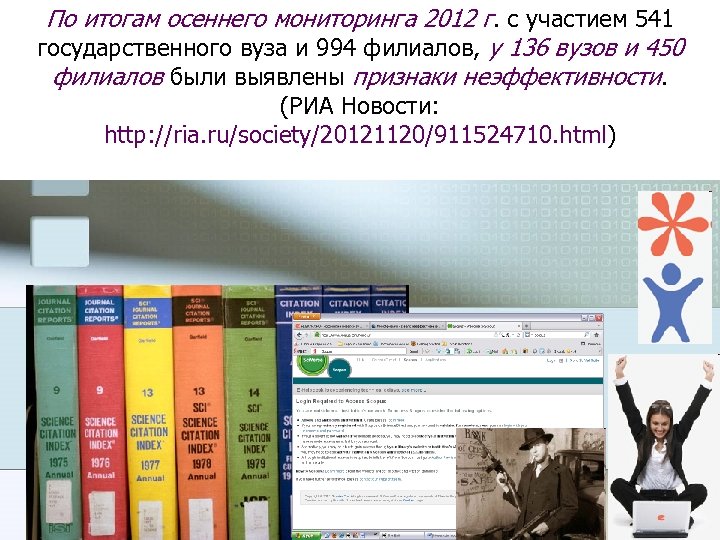 По итогам осеннего мониторинга 2012 г. с участием 541 государственного вуза и 994 филиалов,