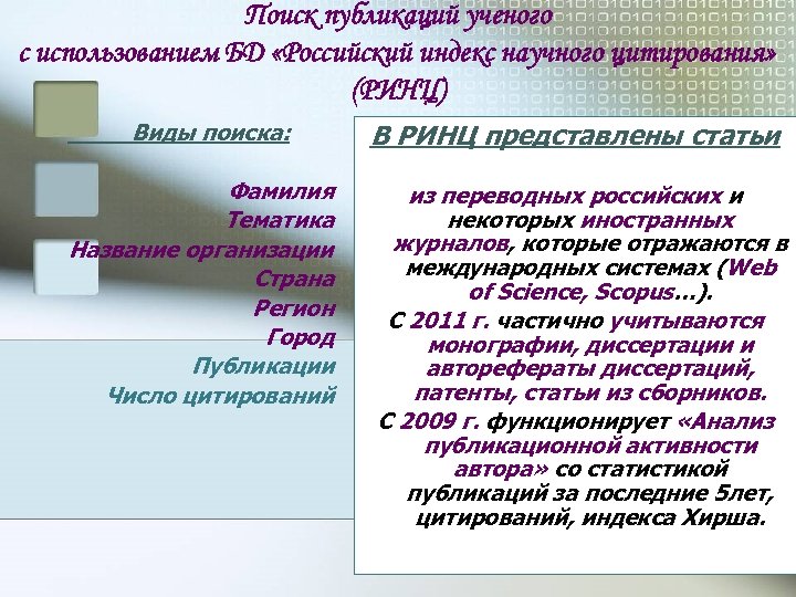 Поиск публикаций ученого с использованием БД «Российский индекс научного цитирования» (РИНЦ) Виды поиска: В