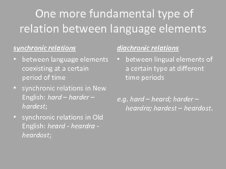 One more fundamental type of relation between language elements synchronic relations diachronic relations •