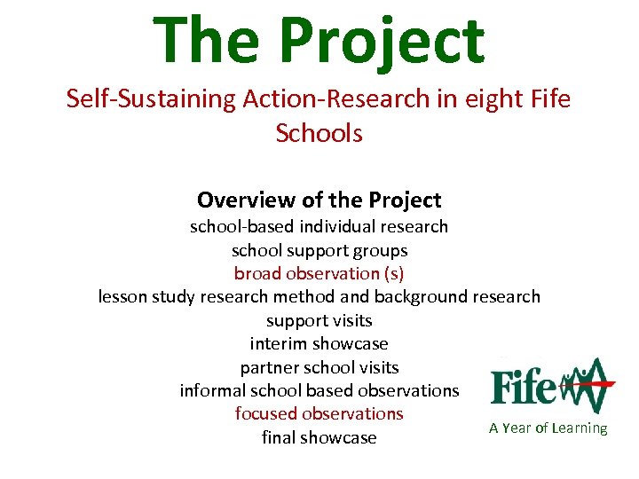 The Project Self-Sustaining Action-Research in eight Fife Schools Overview of the Project school-based individual